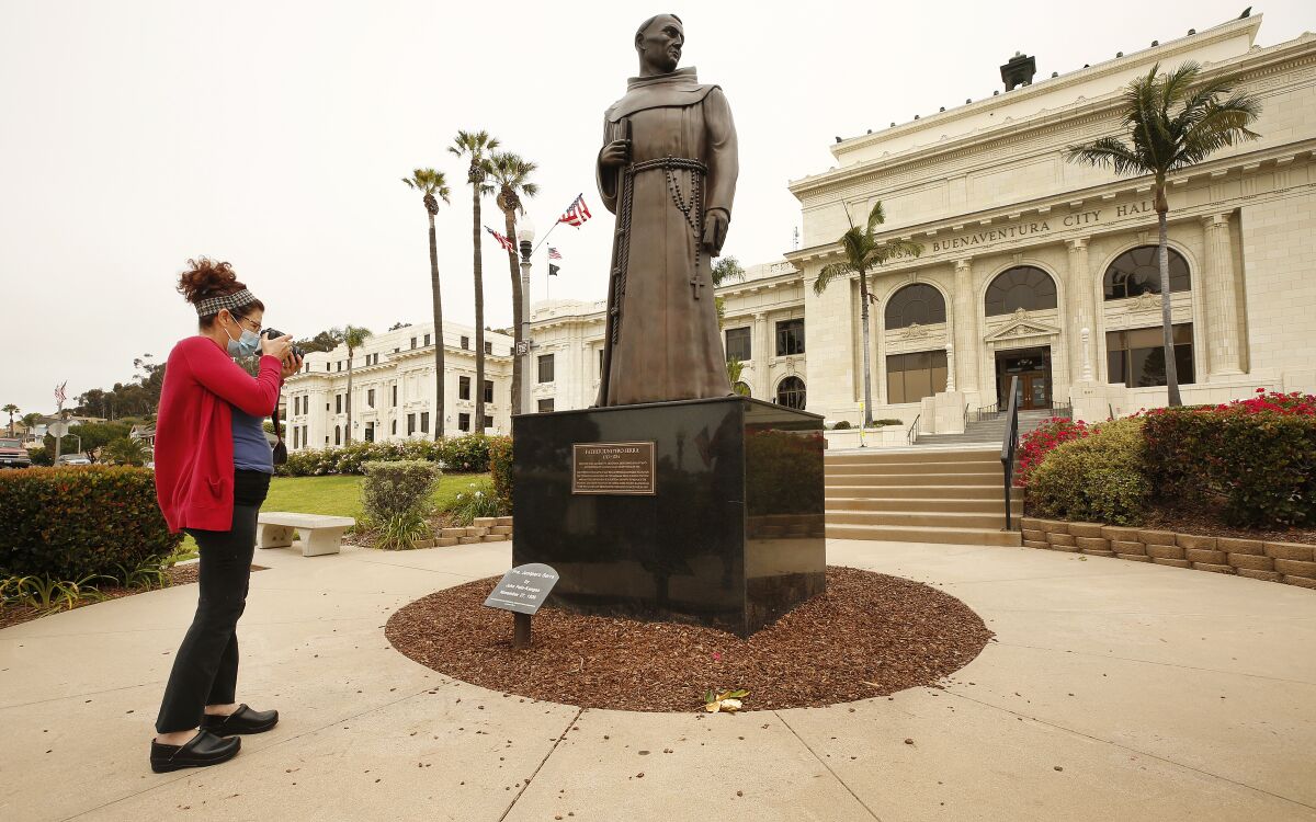 This statue of Father Junípero Serra in front of Ventura City Hall and other Serra statues will be removed.