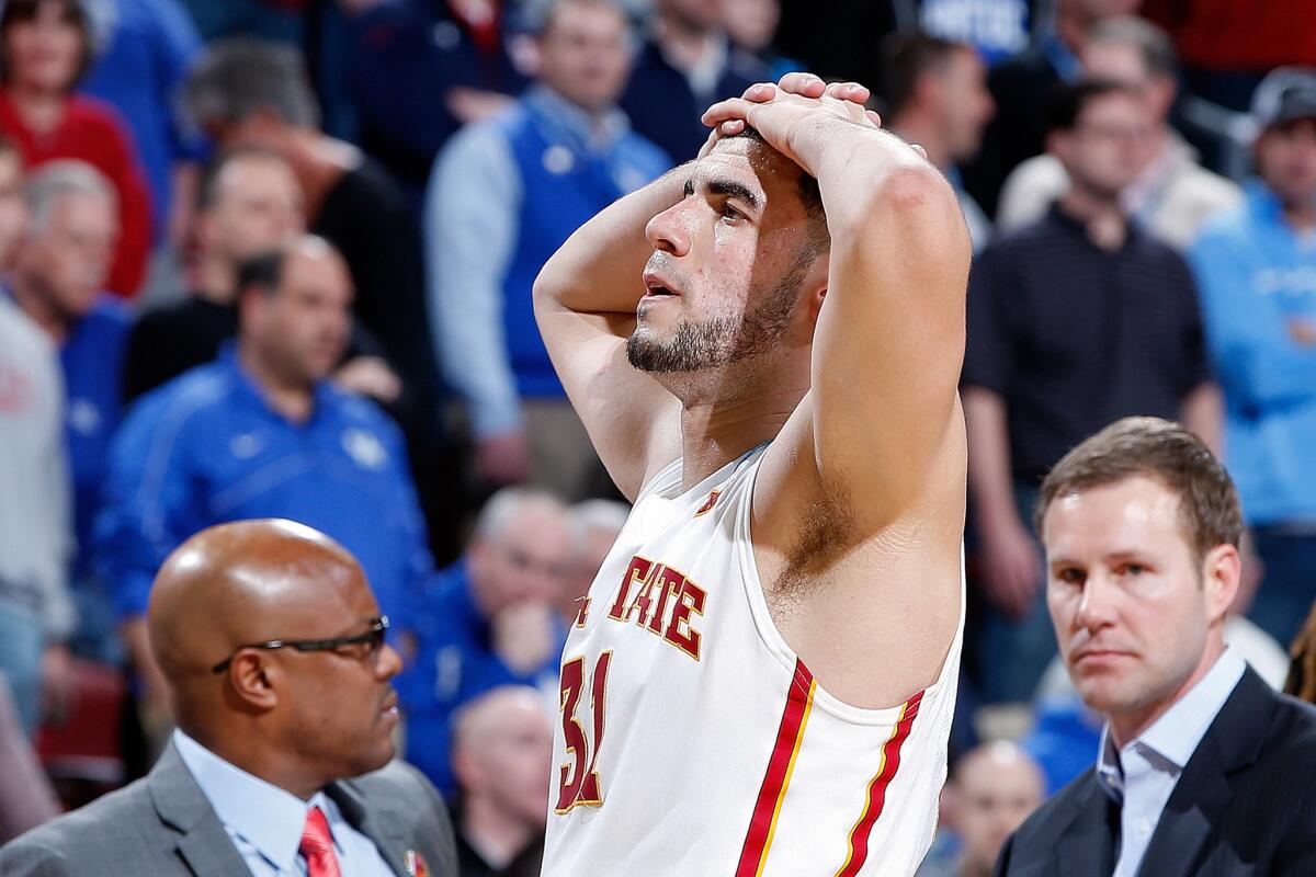 Iowa State's Georges Niang reacts during the second half of the Cyclones' stunning loss to Alabama Birmingham, 60-59, in the second round of the NCAA tournament.