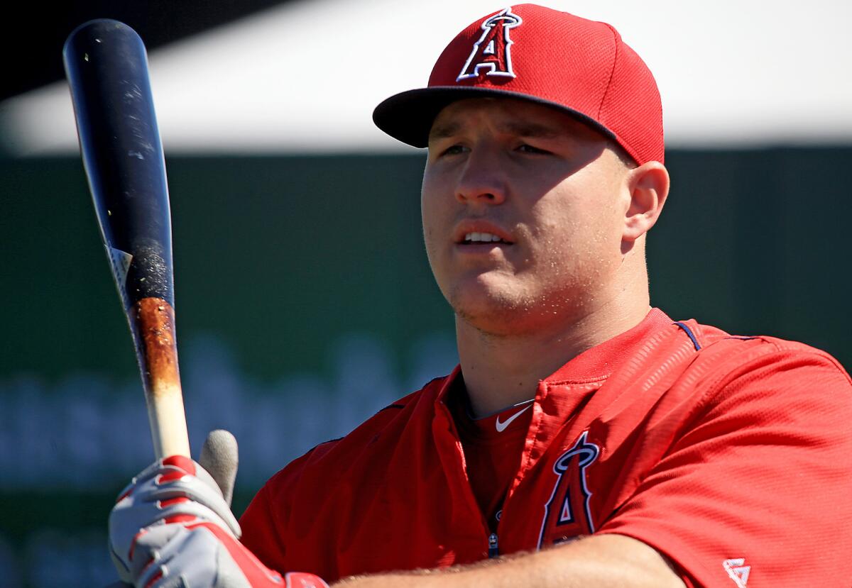 Angels outfielder Mike Trout during a spring training batting practice session.