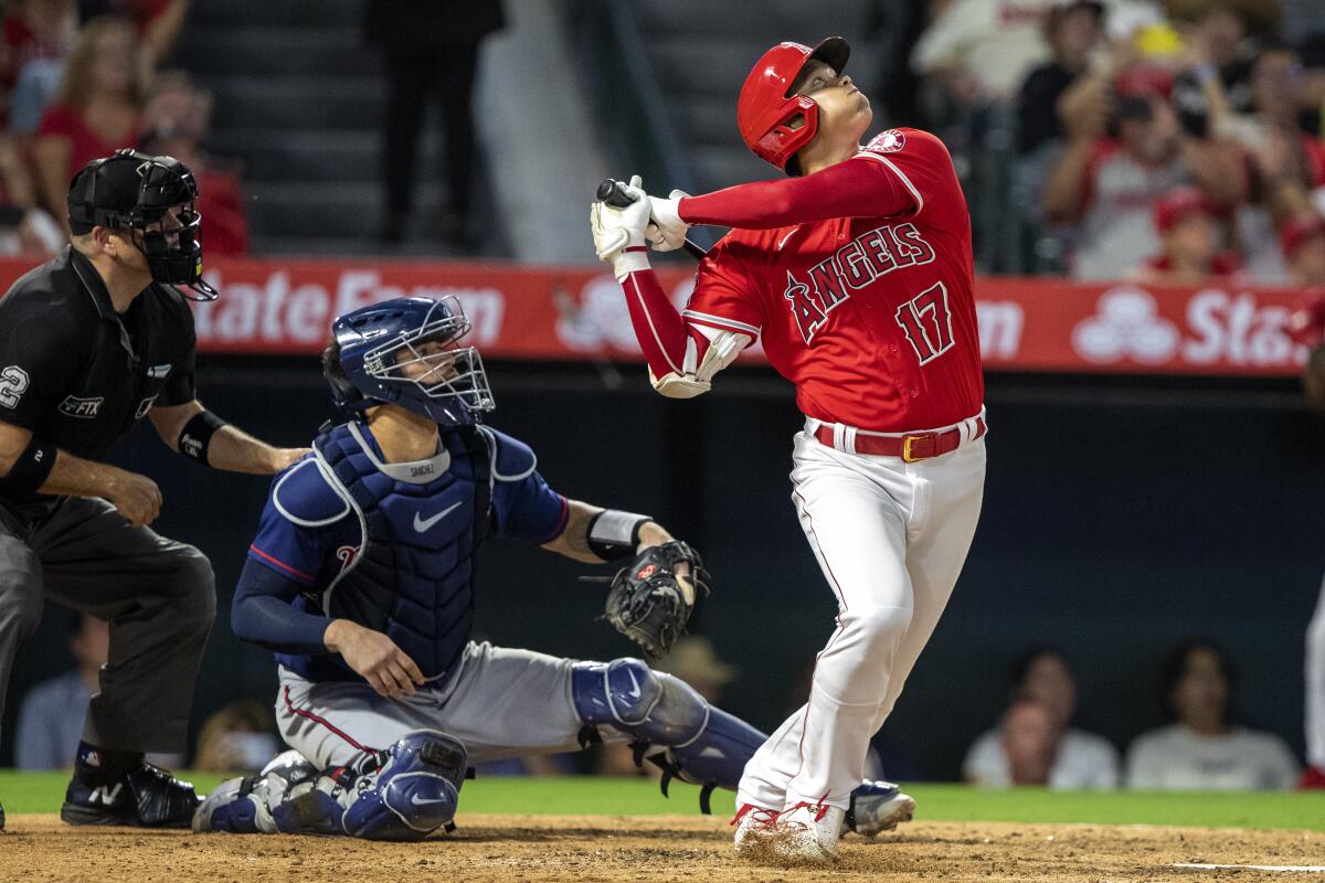 Angels star Shohei Ohtani pops out during Saturday's game against the Minnesota Twins.