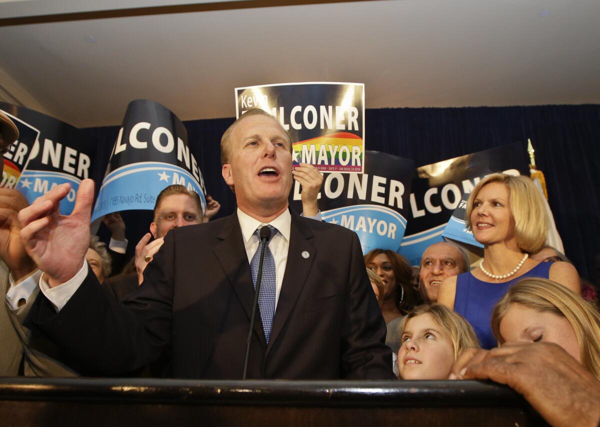 San Diego mayoral candidate Kevin Faulconer tells his supporters at a rally Tuesday in San Diego that while there are still votes to be counted they are looking good.