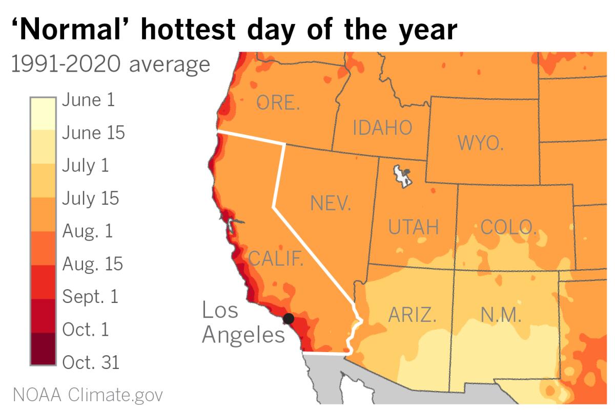 Map showing when 'normal' hottest day of the year occurs in the West.