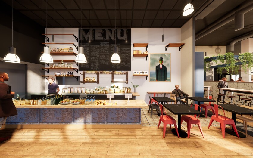 A rendering shows the bakery retail counter at Cardellino, the upcoming multi-concept project in Mission Hills from the owners of Trust and Fort Oak.