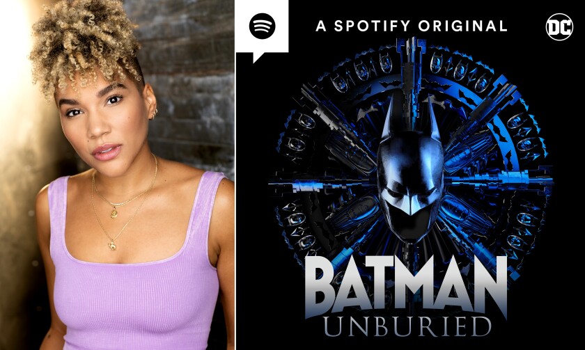 A headshot of a woman on the left next the key art for "Batman Unburied"