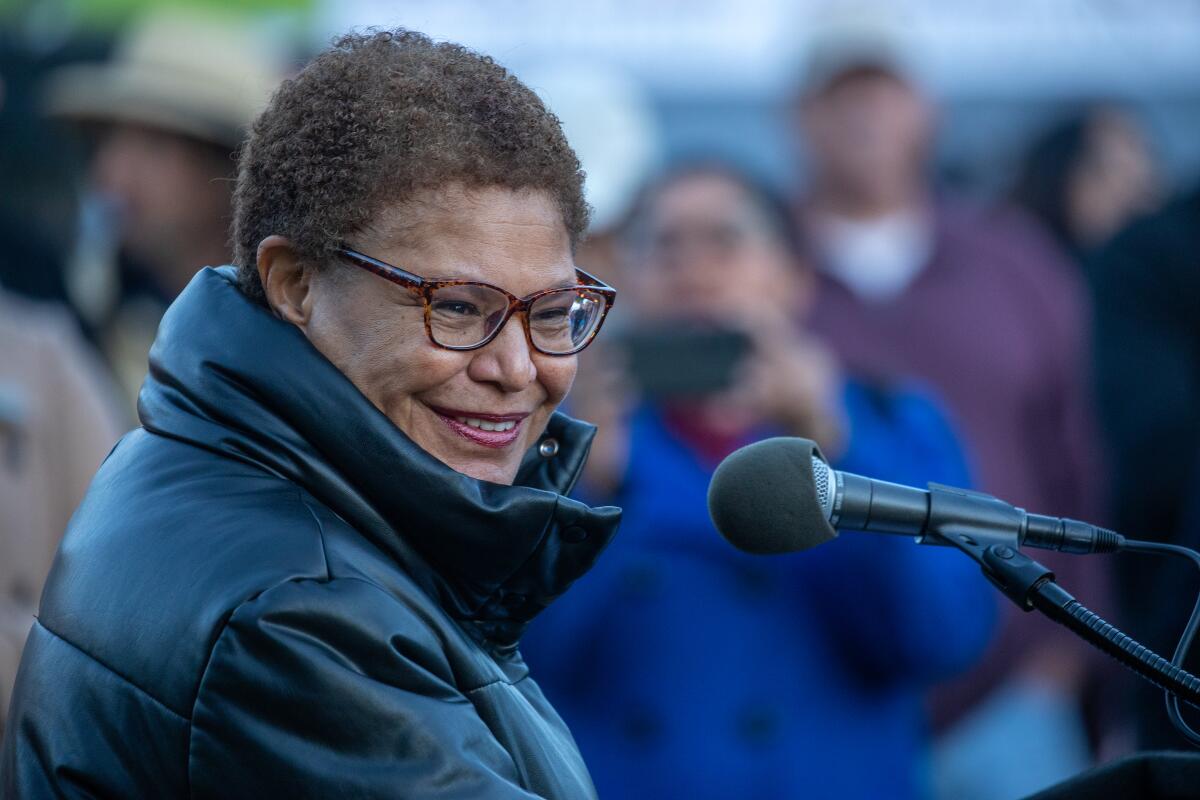 Los Angeles Mayor Karen Bass speaks at an event in Chatsworth on Dec. 21. 
