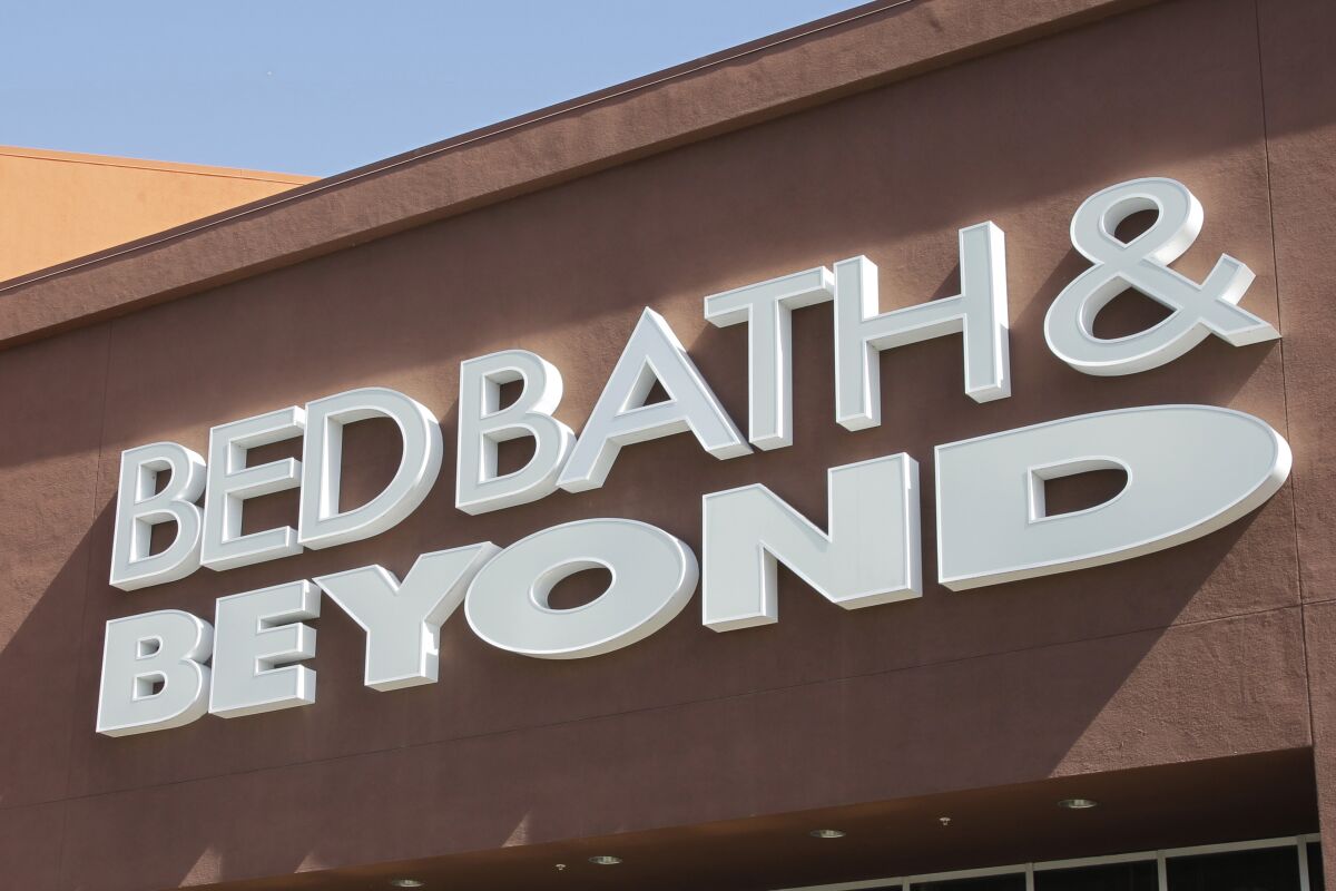 FILE - A Bed Bath & Beyond sign is shown in Mountain View, Calif., May 9, 2012. Bed Bath & Beyond said Thursday, Jan. 26, 2023, that it is in default on loans and does not have sufficient funds to repay what it owes. (AP Photo/Paul Sakuma, File)
