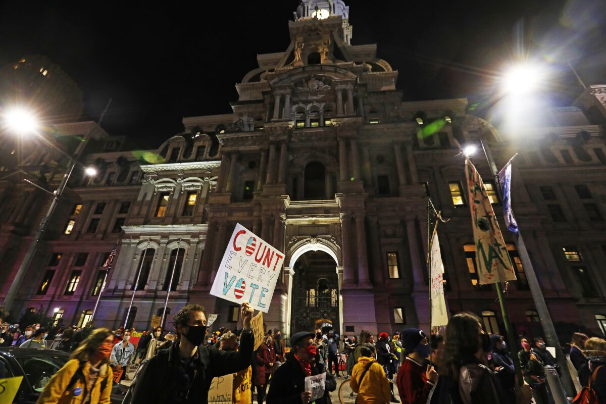 Protesters gather and march at city hall in Philadelphia calling for all votes to be counted in Pennsylvania.
