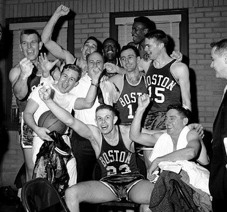 The Boston Celtics celebrate their four-game sweep of the Minneapolis Lakers to win the NBA title in 1959.