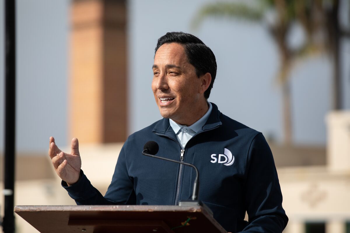 Mayor Todd Gloria speaks during the reopening of Bud Kearns Municipal Pool at Morley Field Sports Complex.