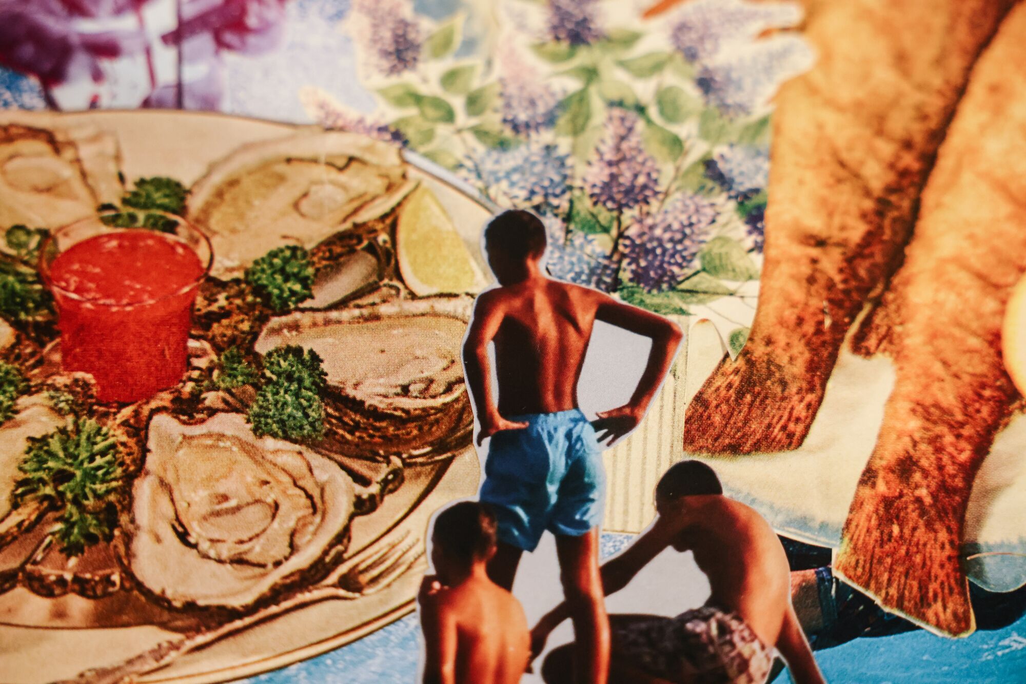 A collage made during a Collage Club meetup with men in swim trunks, oysters on a platter and more.