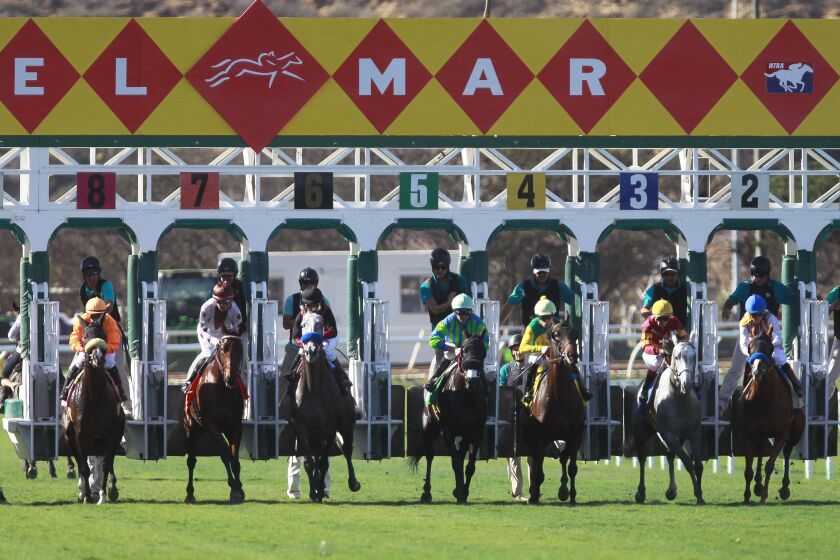 Horses come out of the gates at the start of the third race on opening day of the 2018 fall meet at the Del Mar racetrack in Del Mar on Friday.