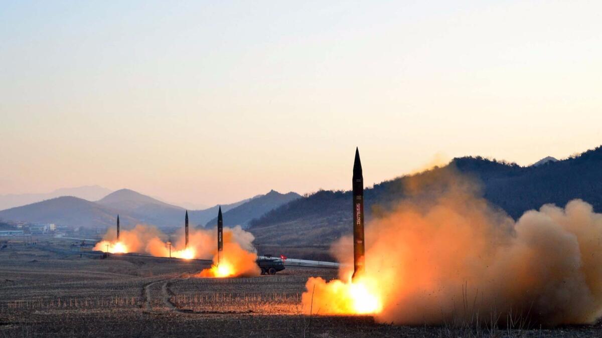 An image provided by state-run Korean Central News Agency shows the March 6, 2017, launch of four ballistic missiles during a military drill at an undisclosed location in North Korea.