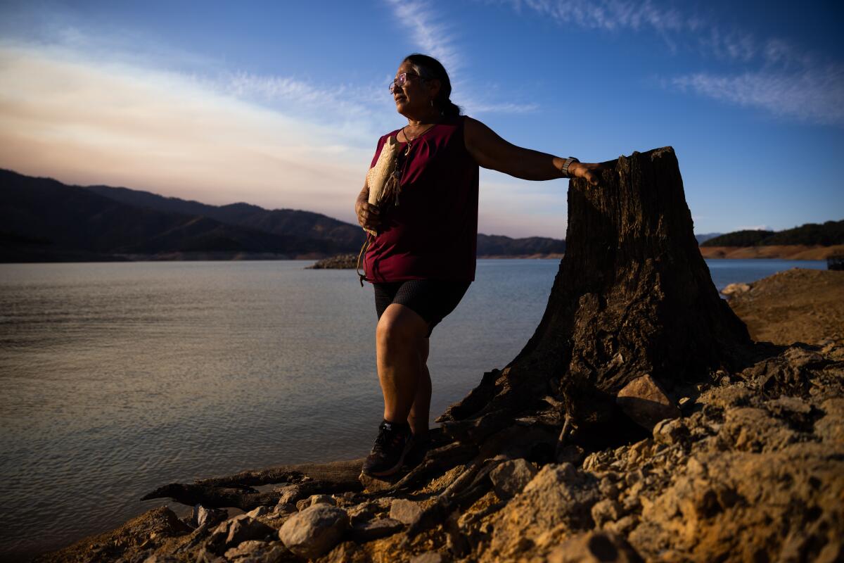 Winnemem Wintu tribal chief Caleen Sisk on the shore of a receded Shasta Lake.