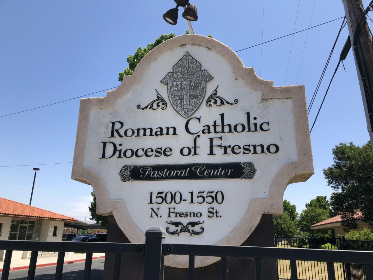 The sign outside the Roman Catholic Diocese of Fresno in 2019.