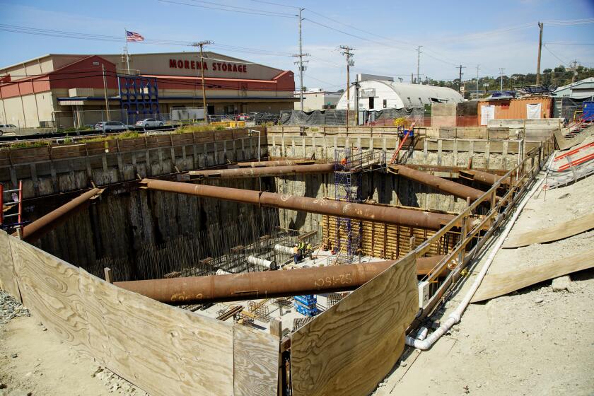 San Diego, California - April 18: Construction of the Morena Pump Station located at the southwest corner of Sherman Street and Custer Street off Morena Boulevard, just north of Interstate 8 and east of Interstate 5. Once completed in 2026, the station will divert 32 million gallons per day (mgd) of wastewater to the North City facilities for purification. Construction workers in Morena on Thursday, April 18, 2024 in San Diego, California. (Alejandro Tamayo / The San Diego Union-Tribune)