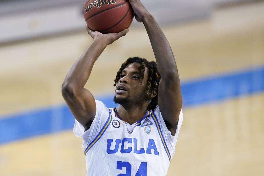 UCLA forward Jalen Hill (24) takes a shot during the second half of an NCAA college basketball game.