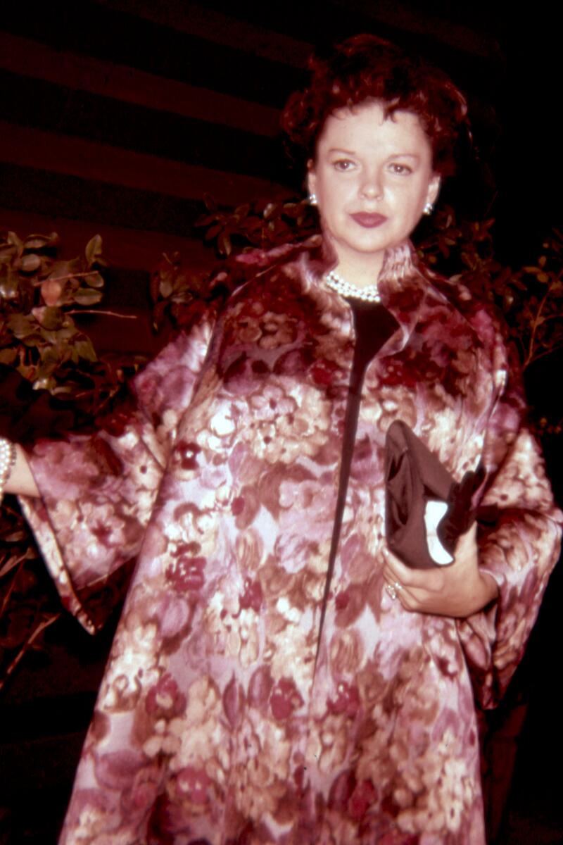 Los Angeles, California-Judy Garland, in a silk brocade evening coat, following her sold out performance at the Hollywood Bowl. The date handwritten on the slide is September 17, 1961. (Photograph by Jon Verzi) (ONE TIME USE)