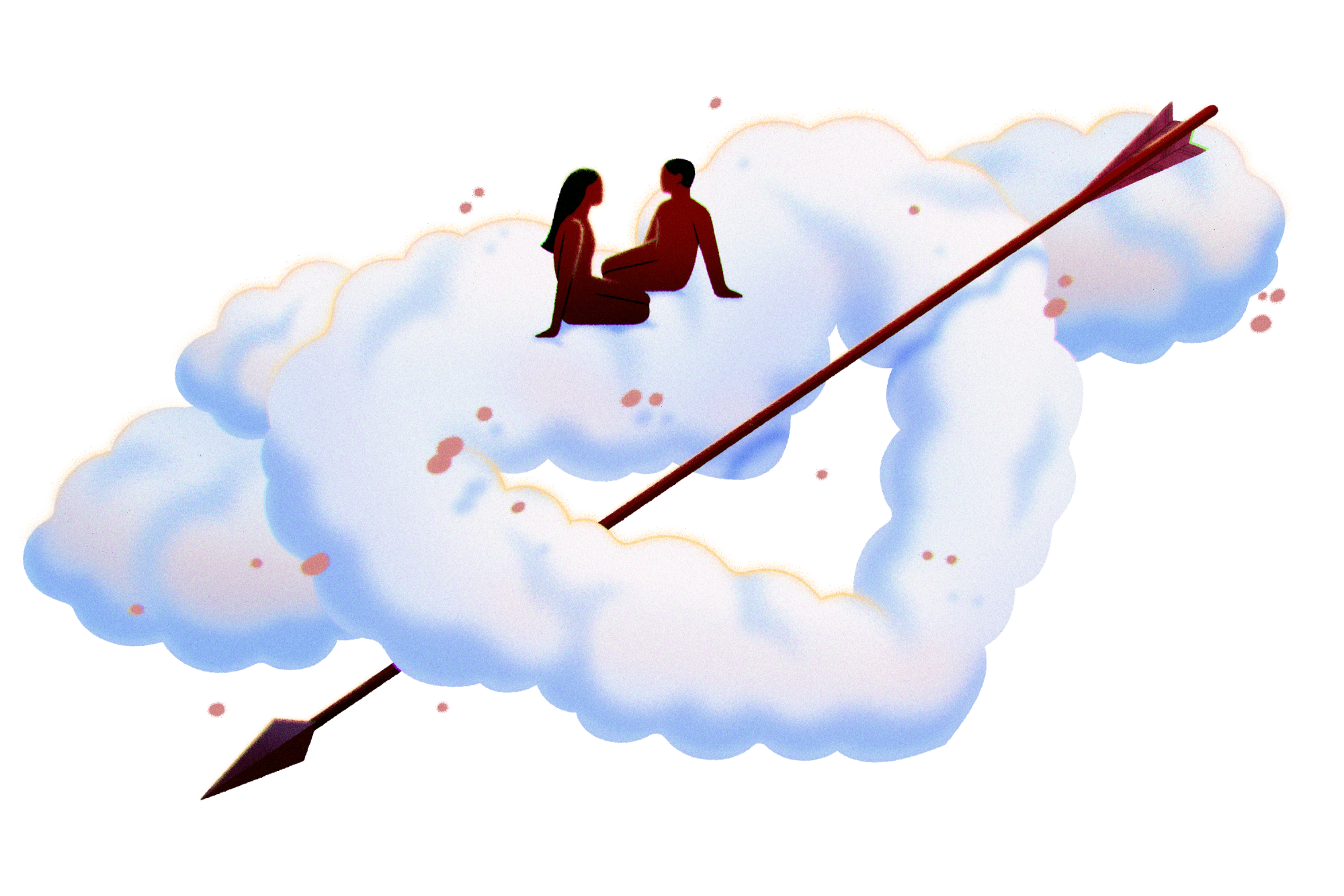 A woman and a man are sitting on a heart-shaped cloud and are pierced by an arrow.