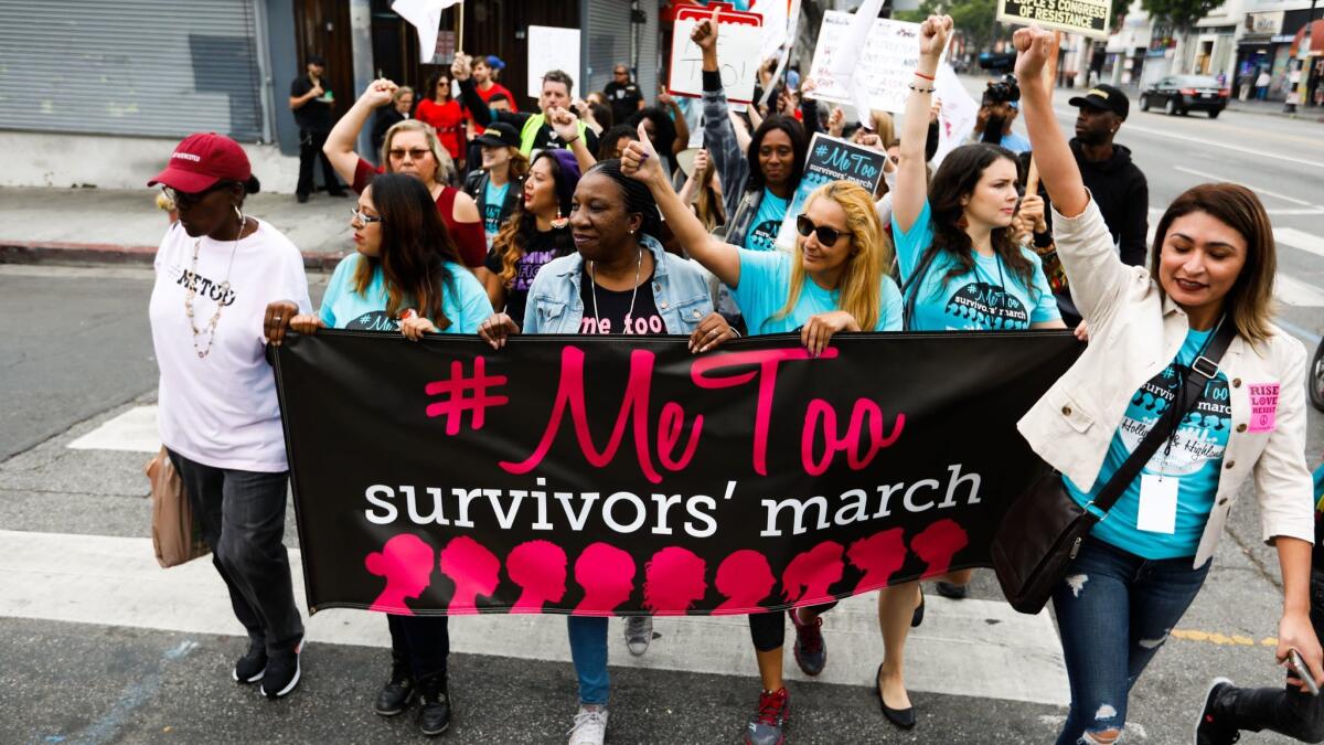 Sexual assault survivors along with their supporters at the #MeToo march against sexual abuse in Los Angeles.