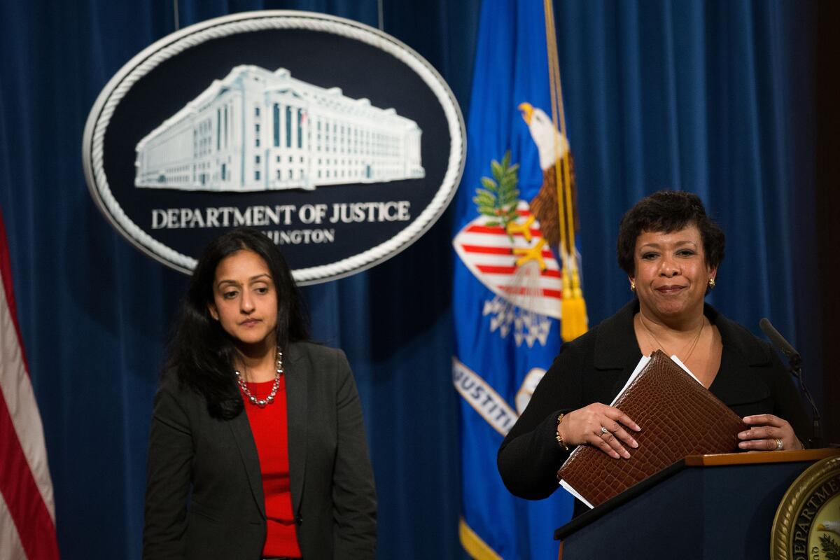 Loretta Lynch, right, and her top civil rights lawyer, Vanita Gupta, announce the lawsuit against North Carolina on May 9.