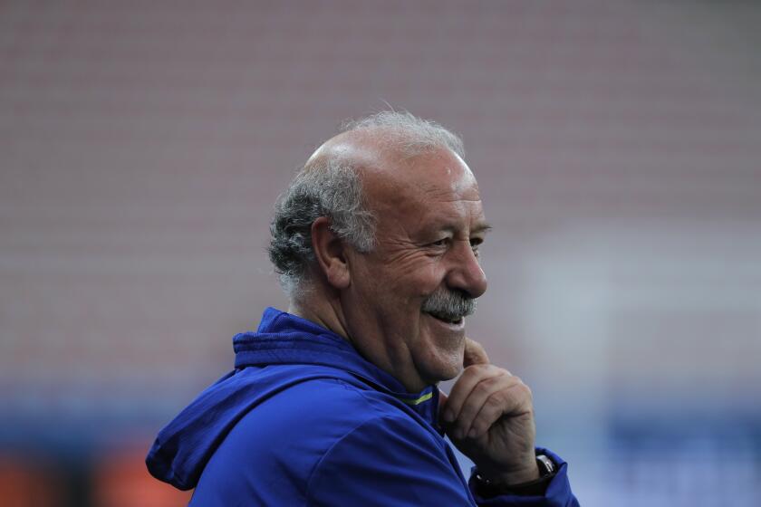 FILE - In this June 16, 2016, file photo, Spain coach Vicente del Bosque smiles during a training session at the Allianz Riviera stadium in Nice, France. Former Spain coach Vicente del Bosque will preside the Spanish government's commission overseeing the Spanish Football Federation after a corruption probe targeted the current and former federation presidents. (AP Photo/Manu Fernandez, File)