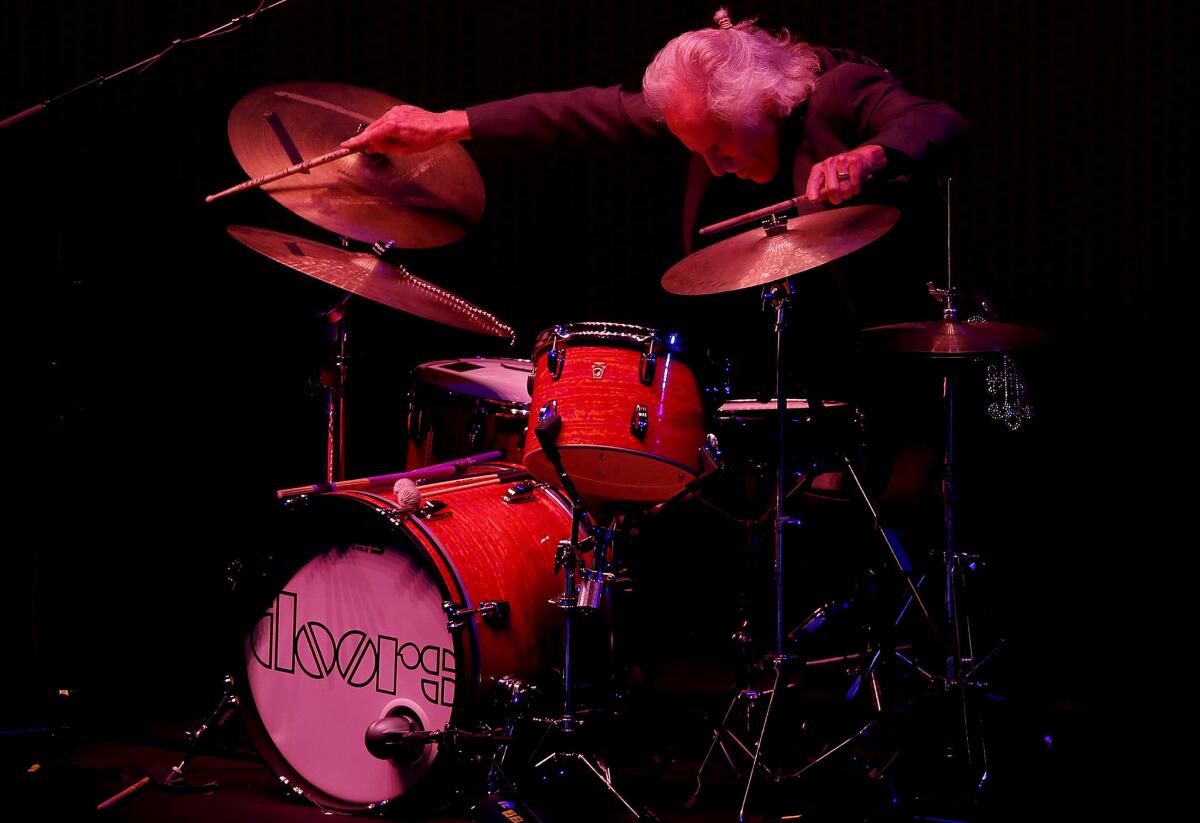 LJohn Densmore, drummer of the legendary rock band the Doors, performs with Gustavo Dudamel and the L.A. Phil as the symphony kicks off its centennial season with a "California Soul" gala at the Walt Disney Concert Hall in downtown Los Angeles on Thursday, Sept. 28, 2018.