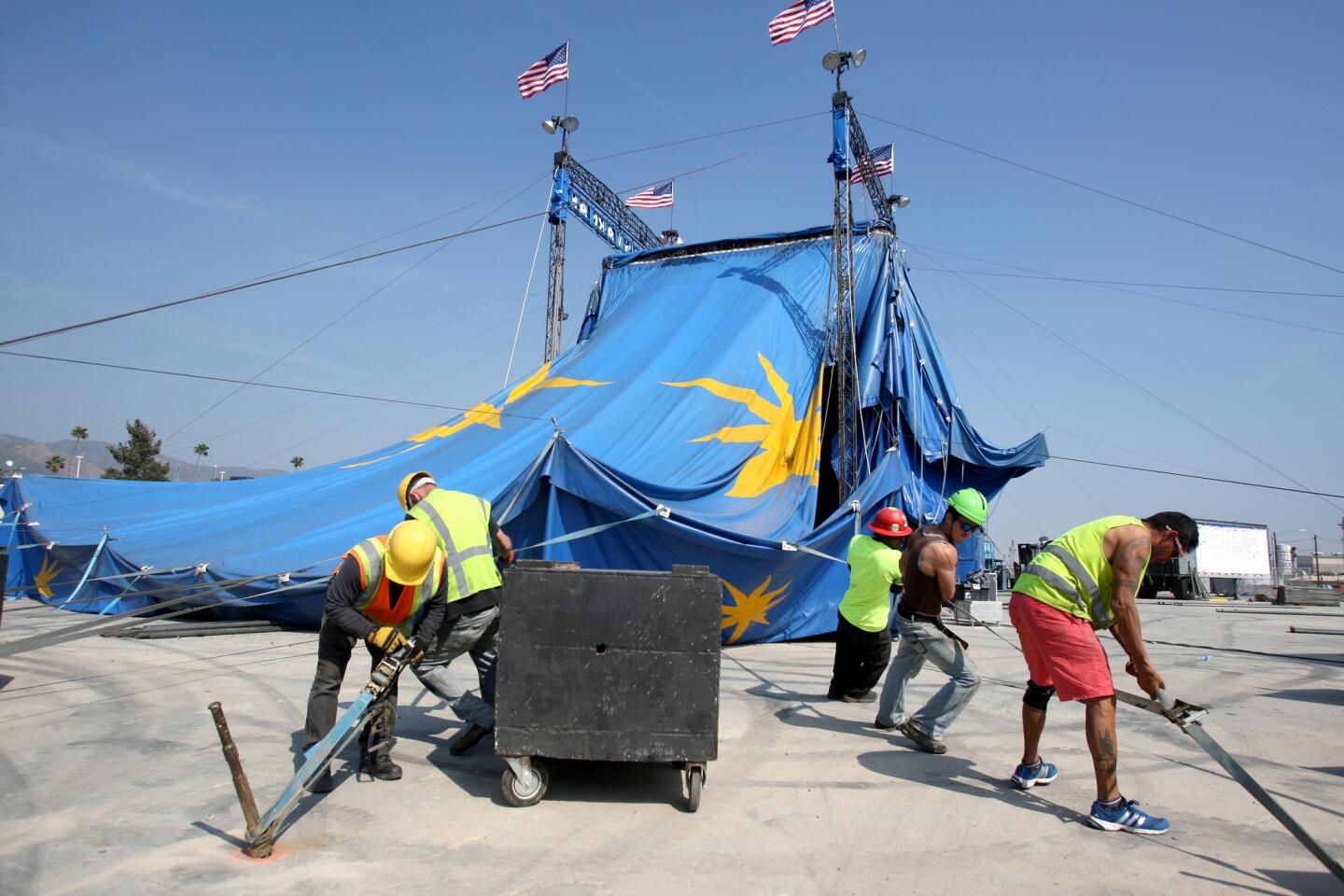 Workers set up the Circus Vargas big top for their new show Iluminous, on the 700 block of Front St. in Burbank on Tuesday, May 10, 2016. The show opens Thursday and runs for two weeks.