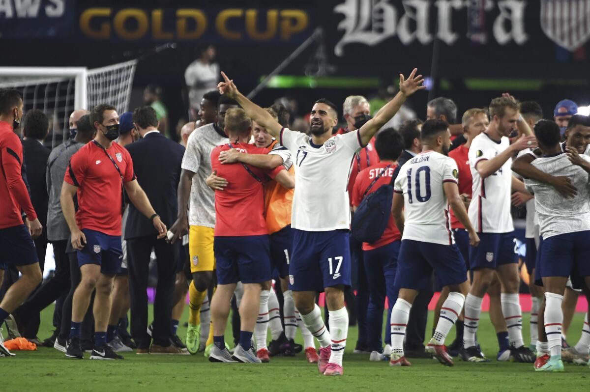 U.S. midfielder Sebastian Lletget (17) reacts after his team defeated Mexico in the CONCACAF Gold Cup final 