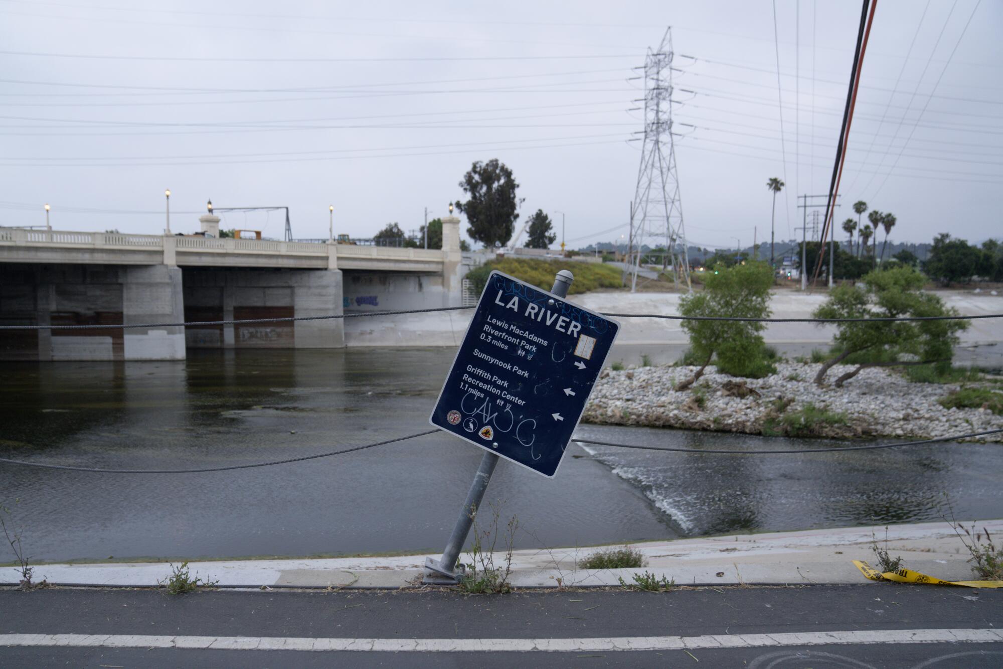 A sign on a bank of the Los Angeles River.