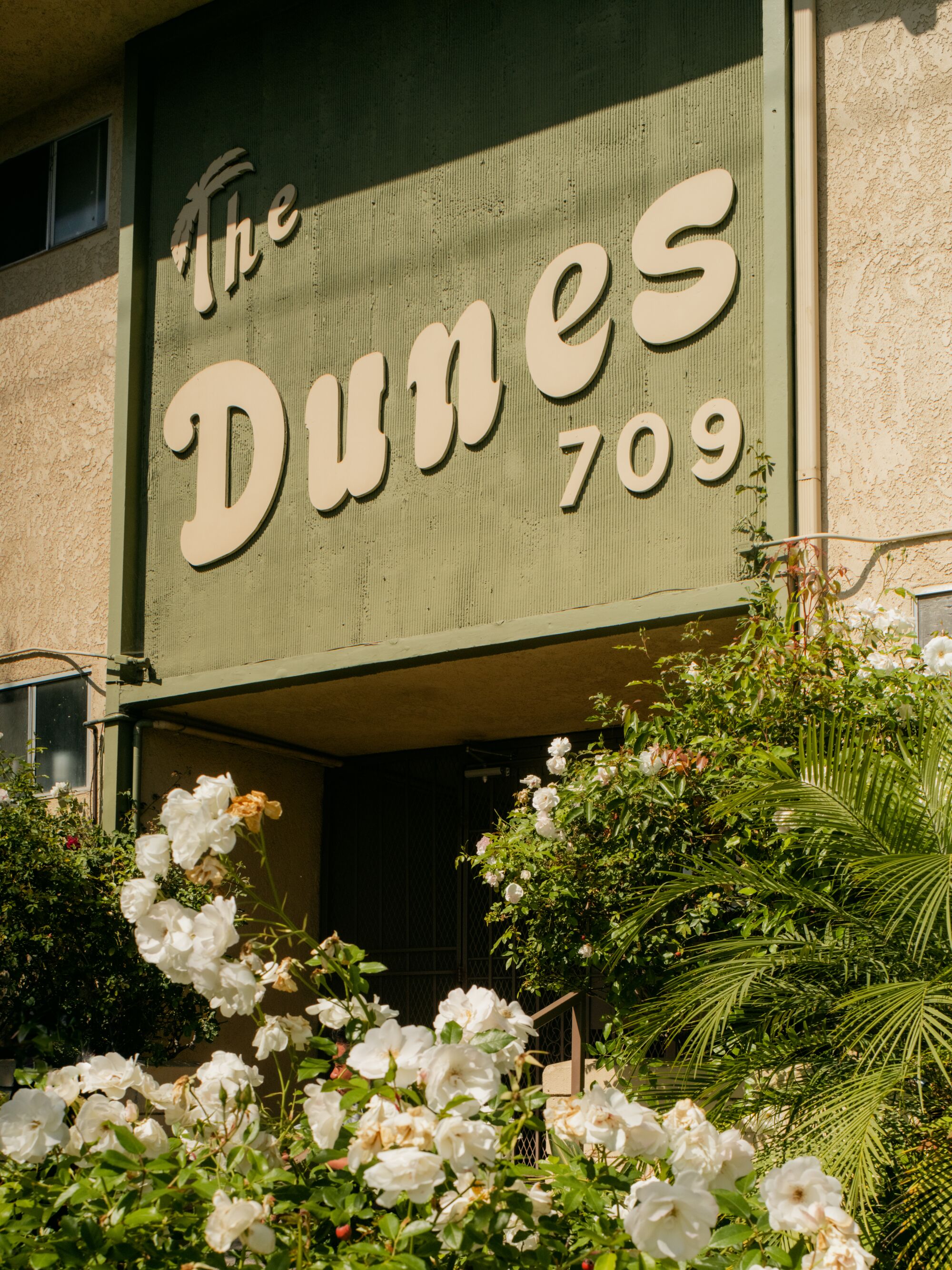 Apartment building sign that reads “The Dunes 709.”