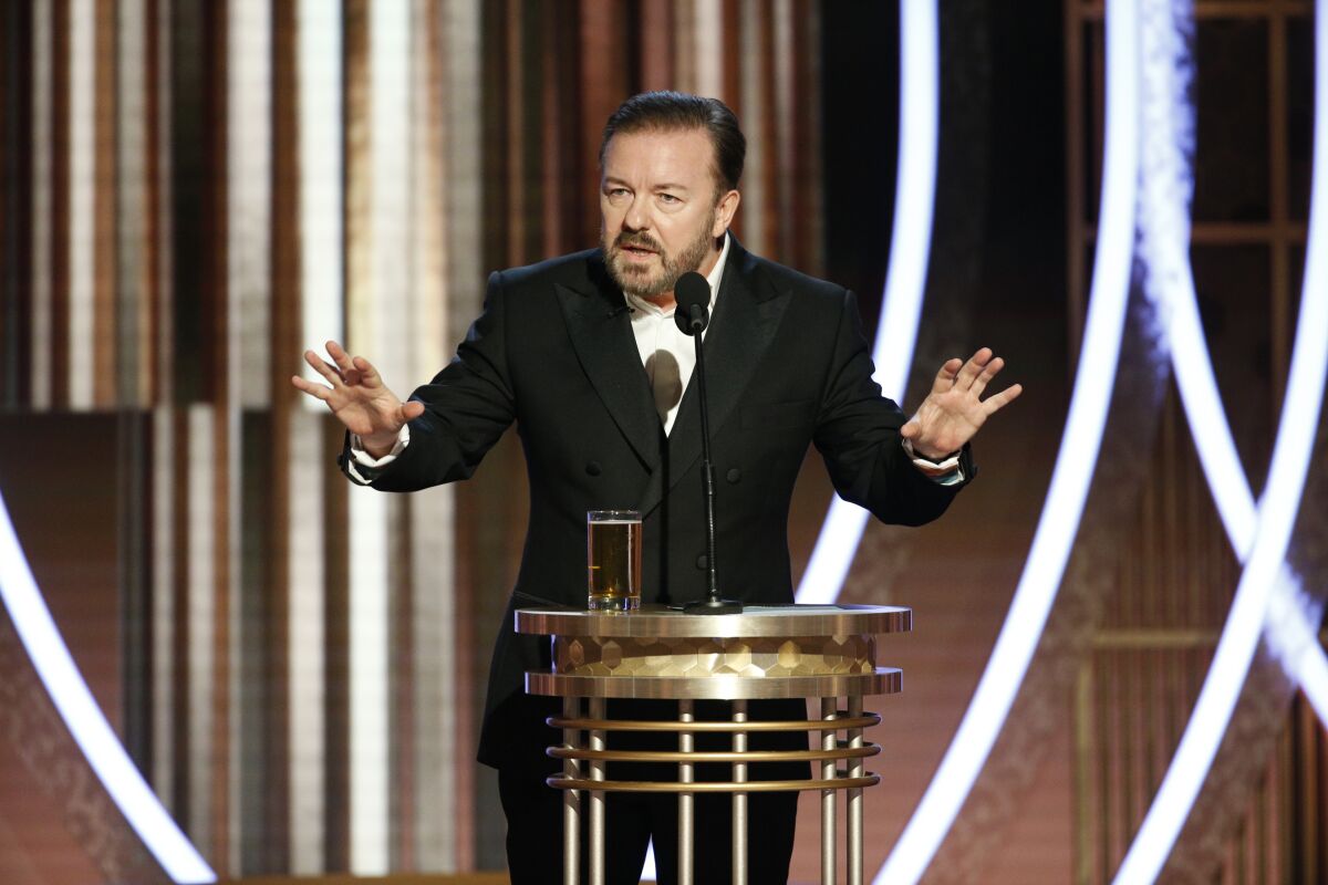 Comedian Ricky Gervais hosts the 77th Golden Globe Awards.