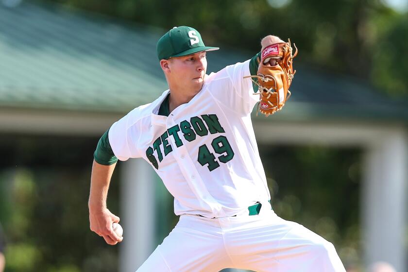 Stetson pitcher Robbie Peto (49) during an NCAA college baseball game against Florida State, Wednesday, May 8, 2019, in Deland, Fla. (AP Photo/Gary McCullough)