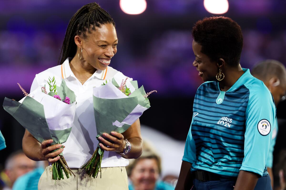 U.S. track and field star Allyson Felix is honored during the closing ceremony of the 2024 Paris Olympics