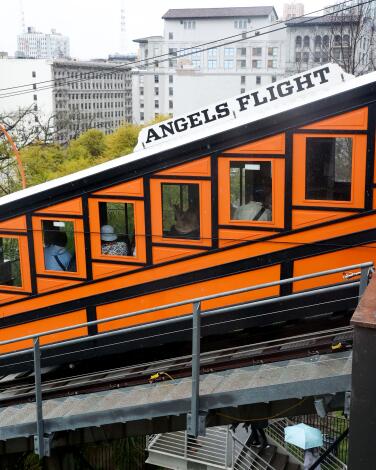 The orange car of Angels Flight funicular railway in downtown Los Angeles