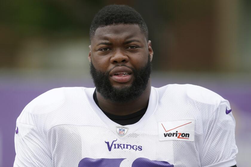 Minnesota Vikings defensive tackle Linval Joseph at a training camp session in Mankato, Minn., on July 27.