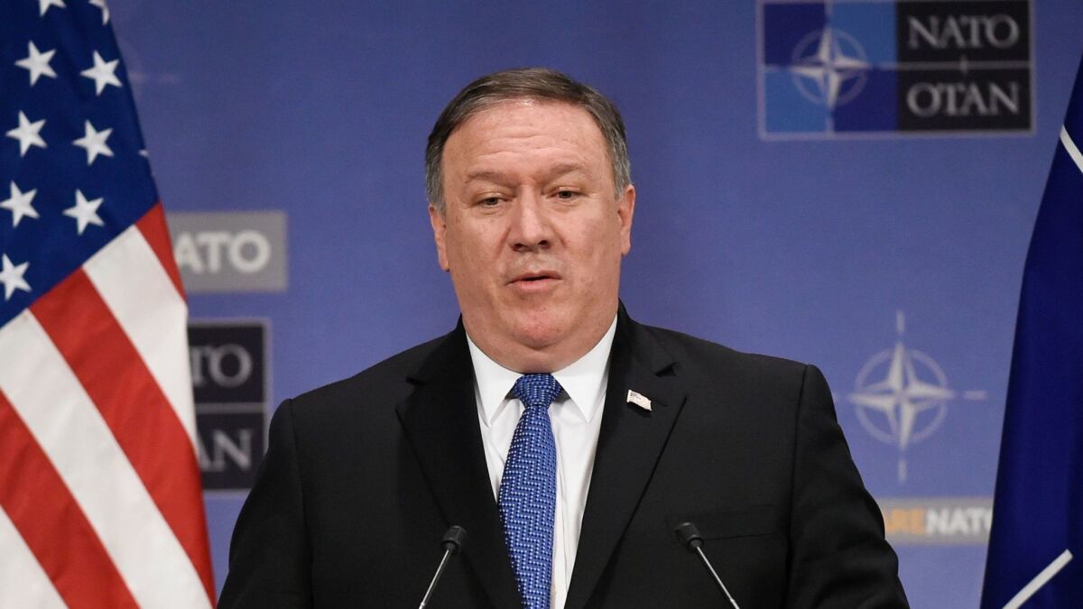 U.S. Secretary of State Mike Pompeo addresses a news conference in Brussels on Friday. He arrived in Saudi Arabia on Saturday for the first of a round of meetings in the Middle East.
