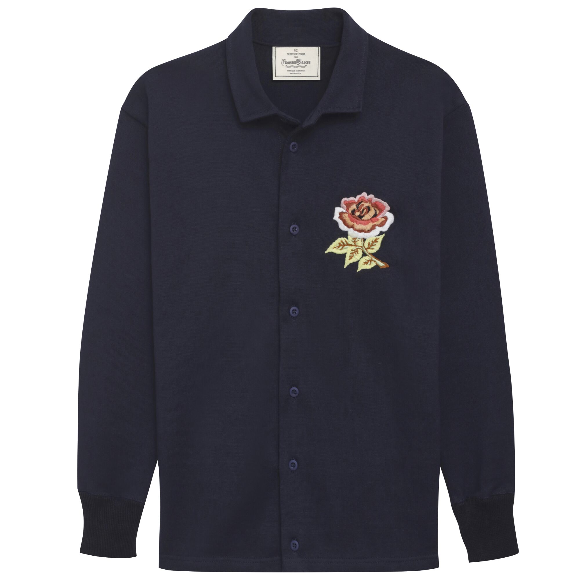 A blue long-sleeved shirt with a flower on the breast.