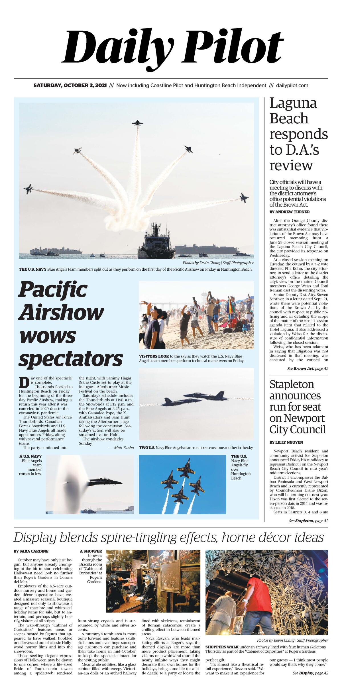 Front page of Daily Pilot e-newspaper for Saturday, Oct. 2, 2021.