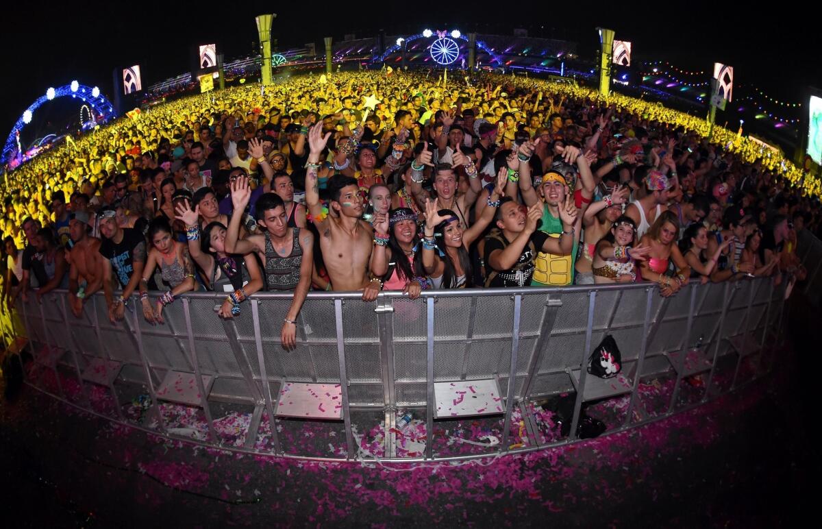 Fans react as Gareth Emery performs during the 18th annual Electric Daisy Carnival at Las Vegas Motor Speedway.