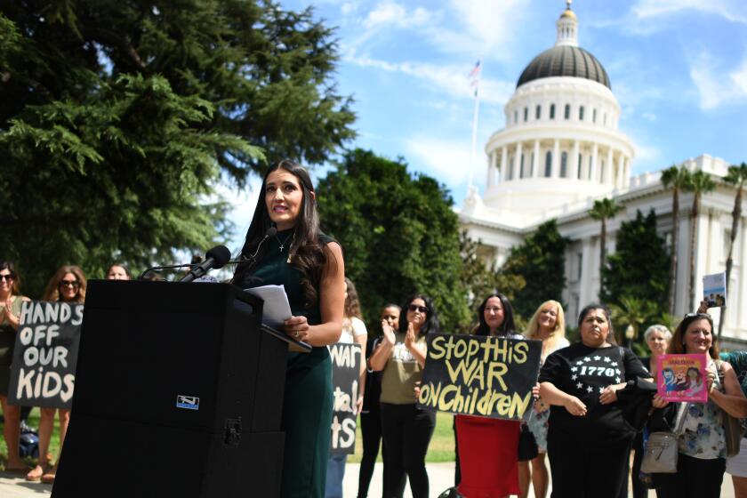 Sacramento, California August 14, 2023-Chino Valley School board member Sonja Shaw speaks in front of the state Capitol on bills related to LGBTQ school curriculum Monday in Sacramento.(Wally Skalij/Los Angles Times)