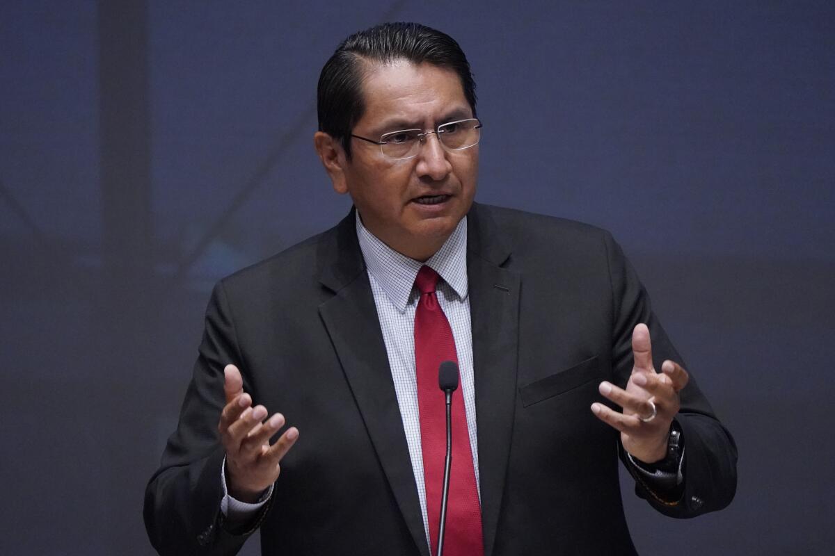 FILE—Navajo Presidential candidate Jonathan Nez speaks during a Presidential Forum at Arizona State University, Tuesday, July 12, 2022, in Phoenix. Nez is among 15 candidates seeking the top leadership post on the largest Native American reservation in the U.S (AP Photo/Matt York, File)