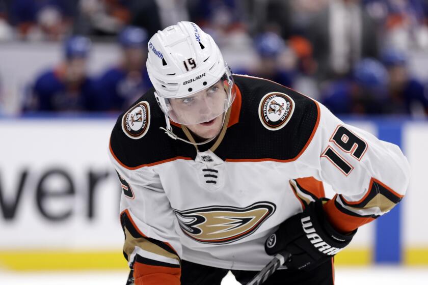 Anaheim Ducks right wing Troy Terry (19) looks on against the New York Islanders in the third period of an NHL hockey game Sunday, March 13, 2022, in Elmont, N.Y. The Islanders won 4-3. (AP Photo/Adam Hunger)