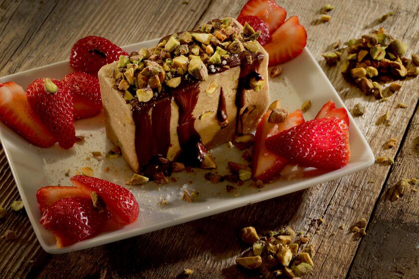 Black-tie halvah (a block of halvah topped with melted chocolate and nuts).