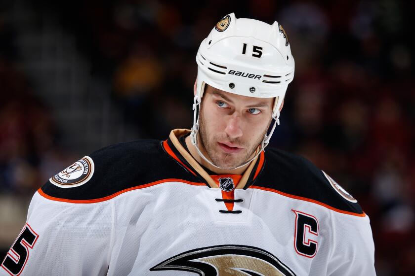 Ryan Getzlaf skates up to a face off against the Arizona Coyotes during the first period of a game on Dec. 27.