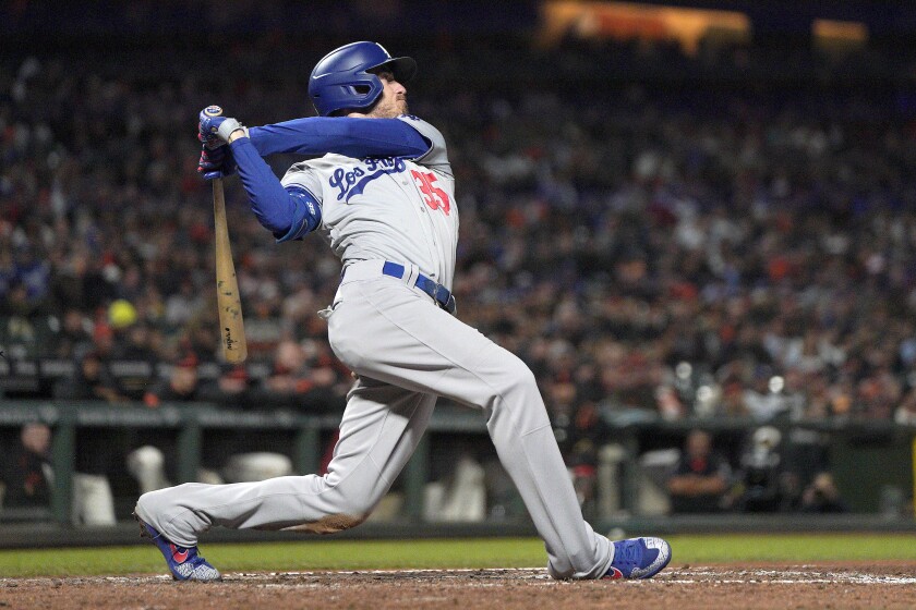 FILE - This Sept. 27, 2019, file photo shows Los Angeles Dodgers' Cody Bellinger (35) getting a hit against the San Francisco Giants during a baseball game in San Francisco. Bellinger was well on his way to becoming the National League MVP only 60 games into last season for the Los Angeles Dodgers, already with 20 homers in that stretch before his 24th birthday. (AP Photo/Tony Avelar, File)