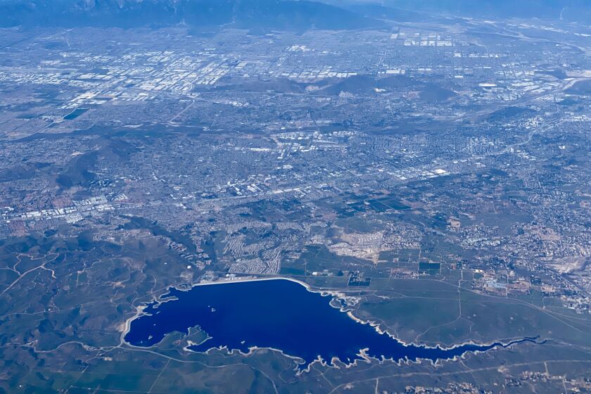 Aerial view of Lake Mathews in Riverside county, south of Los Angeles California