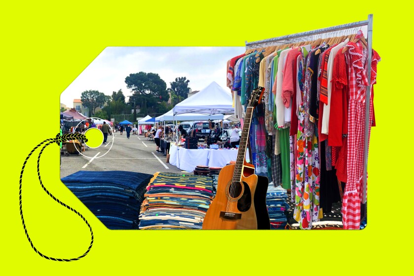 photo illustration of flea market items on a price tag with a bright yellow background.