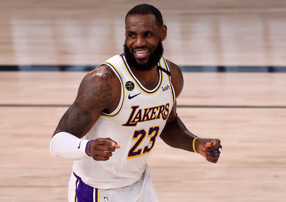 Lakers star LeBron James smiles during a game.