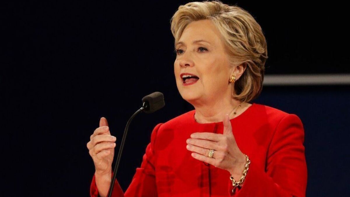 Then-Democratic presidential nominee Hillary Clinton speaks during a debate with Republican nominee Donald Trump on Sept. 26, 2016.