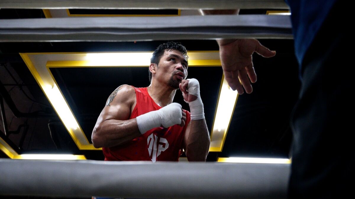 Manny Pacquiao trains at a gym in Manila last month in preparation for his fight against Keith Thurman in Las Vegas on July 20.